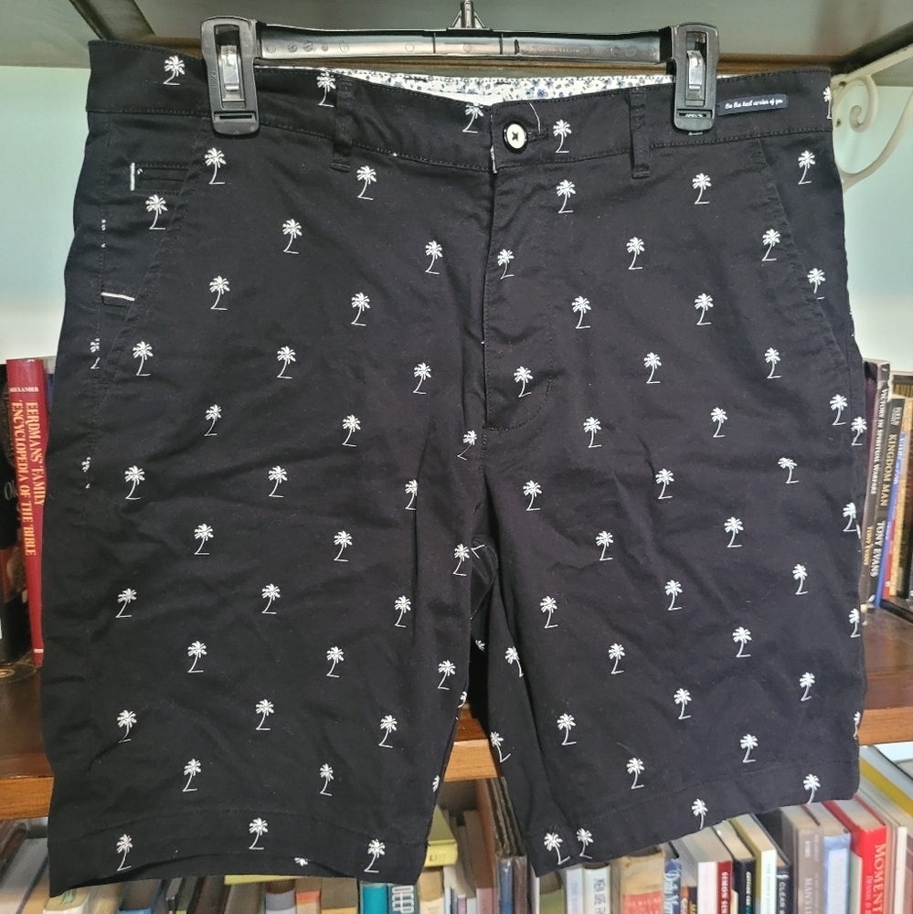 Denim & Flower Black Shorts with White Palm Tree Print